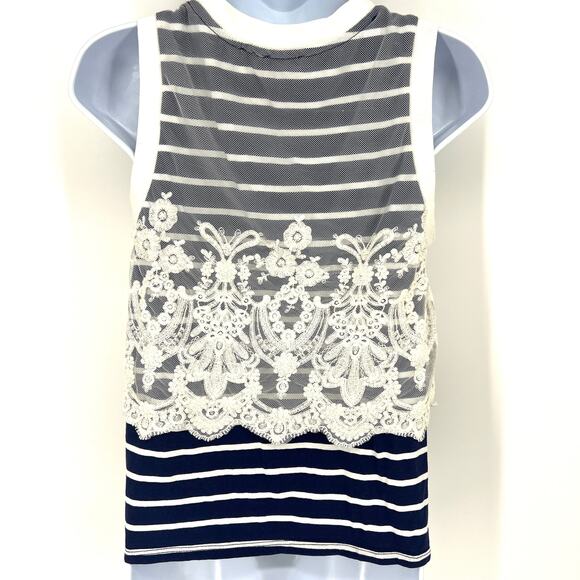 Anthropologie Postmark Natique Navy White Striped Lace Tank Top Size Small - Picture 3 of 9